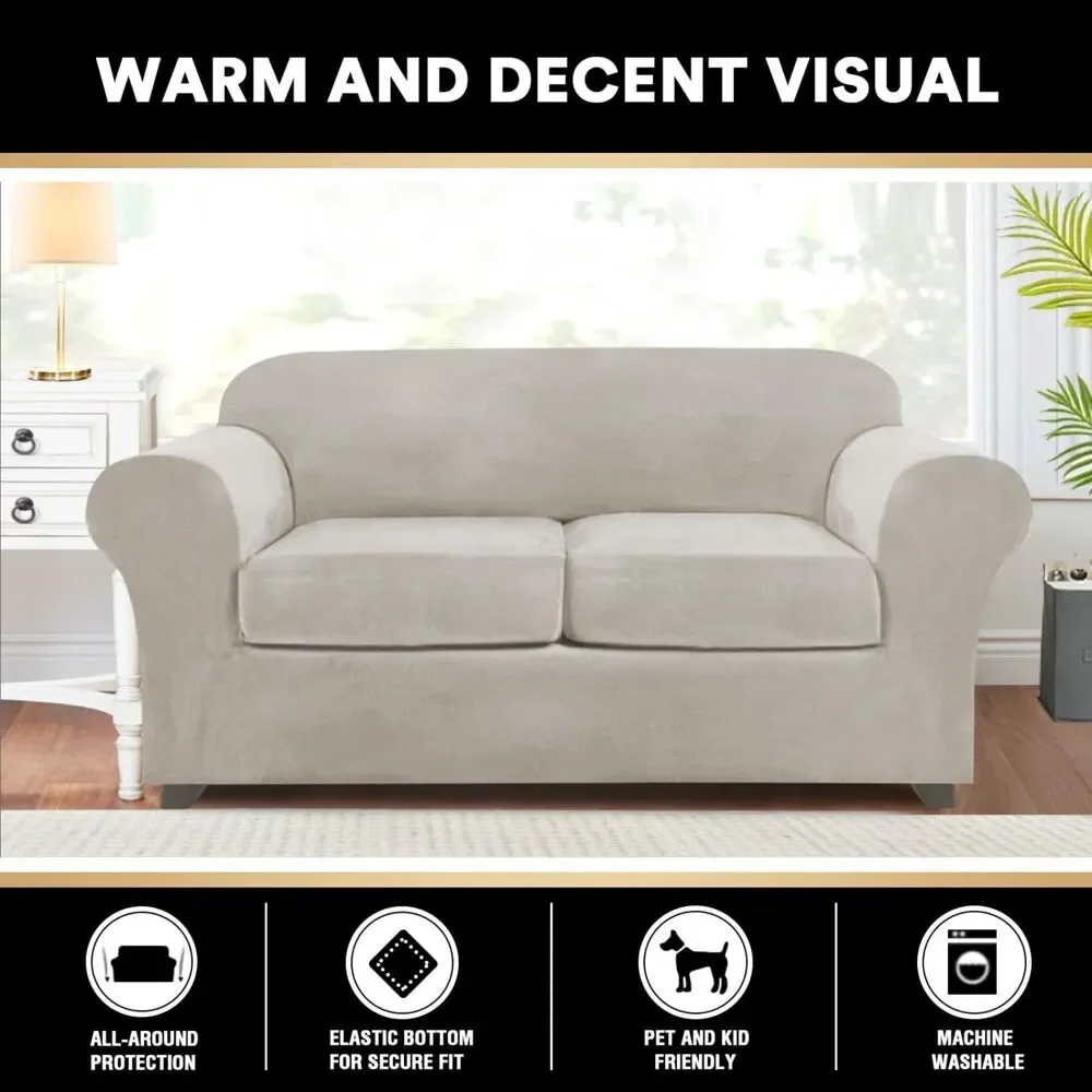 Velvet Plush 3-Piece Loveseat Slipcover (Oatmeal)
